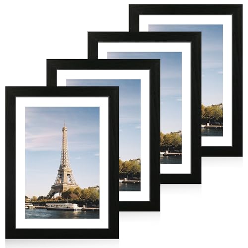 iRahmen 10x14 Picture Frame Set of 4 with Tempered Glass, Black Frame Display 8x12 Picture with Mat or 10 x 14 Without Mat, Rustic Wood Photo Frames for Horizontal or Vertical Wall Mounting