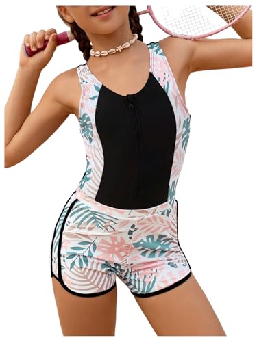 Girl's 2 Piece Tropical Plant Print Swimsuits Zip Up One Piece Bathing Suits with Beach Shorts