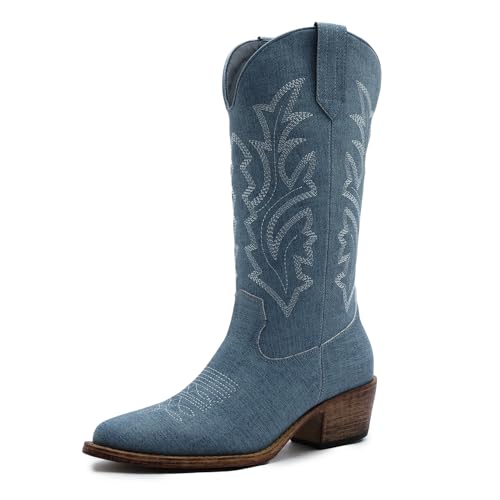 Image of GLOBALWIN Women's Mid Calf Western Cowboy Boots Cowgirl Boots for Women with Floral Embroidery Side Zipper Chunky Heel
