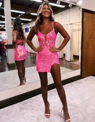 Short Homecoming Dresses for Teens Sparkly Lace Prom Dress with Slit Tight Cocktail Party Gown4