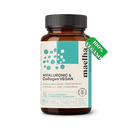 Acido Ialuronico e Collagene VEGANO | Integratore collagene vegano con acido ialuronico | Formula Concentrata con Vitamina C & E, Zinco, Coenzima Q10 e Pino Marittimo | 90 Capsule | 100% Naturale