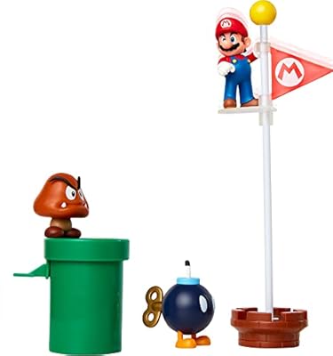 Super Mario Nintendo Diorama Dehesa Bellotera con 3 Figuras 6 cm y 2 Accesorios Accionables – La Bandera y la Tubería Son Accionables – Juguete para Niños 3 años +