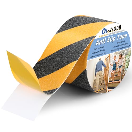 Oleitodh Non Slip Safety Grip Tape for Stairs Steps 2 in x 60Ft Non Skid Tread High Traction Friction, Black Yellow Strong Grip Abrasive Adhesive Hazard Caution Tape