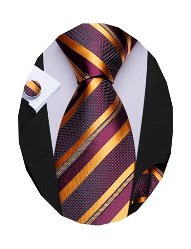 Image of Barry.Wang Man Stripe Ties Set Silk Woven Pocket Square Necktie Cufflinks Formal Party Business