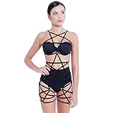 Women Full Body Harness Pentagram Garter Belt Strappy Lingerie Elastic Suspender Belt Punk Gothic Dance Rave Costume (Black A)