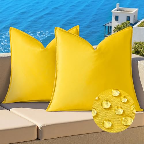 decorUhome Waterproof Linen Outdoor Throw Pillow Covers 18x18 Inch Set of 2 Decorative Farmhouse Solid Pillow Cases with Flange Edges for Summer Couch Sofa Garden Patio Balcony Tent Porch Yellow