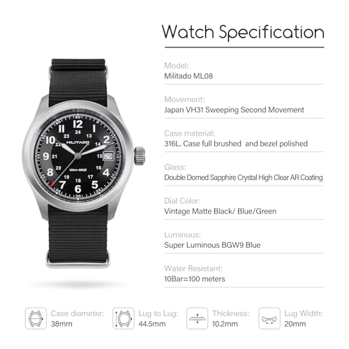 Image of TACTICAL FROG Militado ML08 Field Watch Japanese Sweep VH31 / 515 Movt with Calendar, Men's Military Watch Sapphire Crystal 10 ATM Waterproof Analog Watches for Men