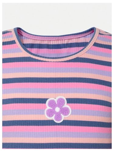 OYOANGLE Girl's Floral Embroidery Ribbed Long Sleeve Tops Lettuce Trim Striped Tees 3 Pack Cute Fall Top3