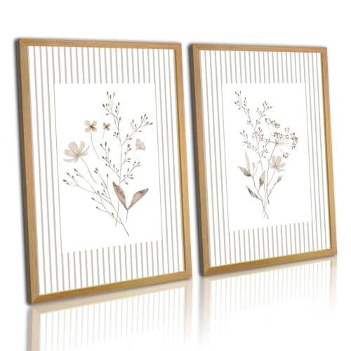 Minimalist Botanical Wall Art Set of 2 Framed Canvas Prints Vintage Beige Striped Wildflower Picture Poster for Bathroom Bedroom Living Room Cottagecore Artwork Wall Decor Home Gallery Decoration 12x16 Inch Wood Frame