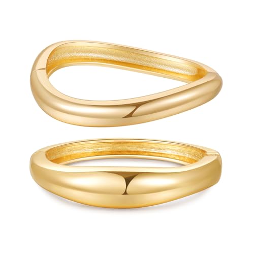 2pcs Gold Bangle Bracelets for Women, Trendy Hinged Cuff Open Wide Chunky Gold Bracelet Stack Arm Cuff Jewelry for Women