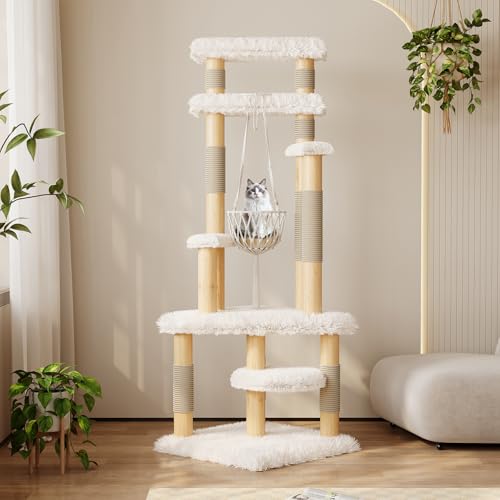 Árbol para gatos en madera maciza moderna de 70 pulgadas, blanco miniatura 1