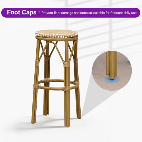 Image of PURPLE LEAF Outdoor Round Bar Height Stool Set of 2 Patio Backless Barstools Aluminum Frame in Bamboo Finish with Amber & White Woven Rattan for Indoor Kitchen Dining Bistros Cafe Restaurant