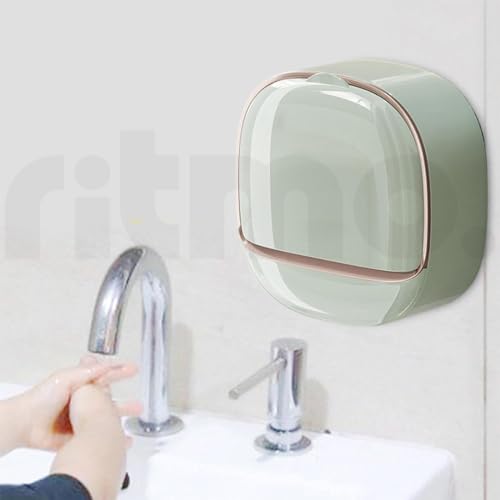 Image of Ritmo Space Saving Wall Mounted Soap Box with Drain and Waterproof Flip Lid (Mint Green)