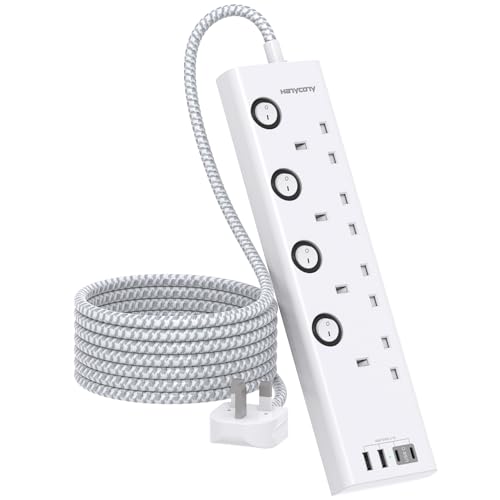 Extension Lead with USB Slots(2 USB C), HANYCONY 4 Way Plug Extension Socket with Individual Switches, 1.8M Extension Cable, Wall Mount Extension Cord, Desk Power Strip for Bedroom Office Accessories