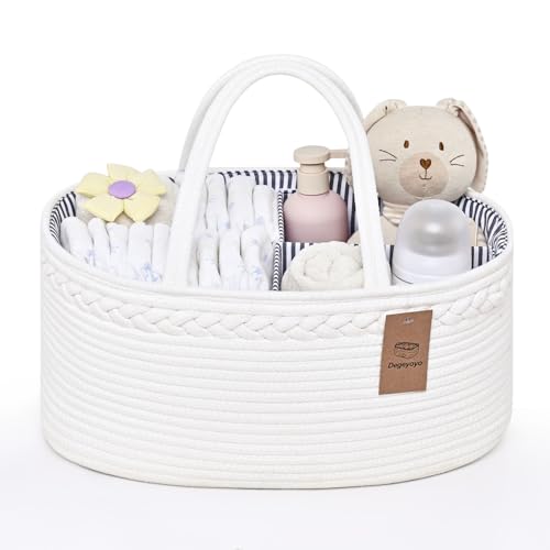 Image of 13.5L Baby Diaper Caddy Organizer, 15.3"x9.8"x7" Cotton Rope Diaper Basket, Changing Table Storage Caddy With Removable Divider, Baby Basket for Nursery, Car, Diapers, Baby Shower Gifts for Newborn