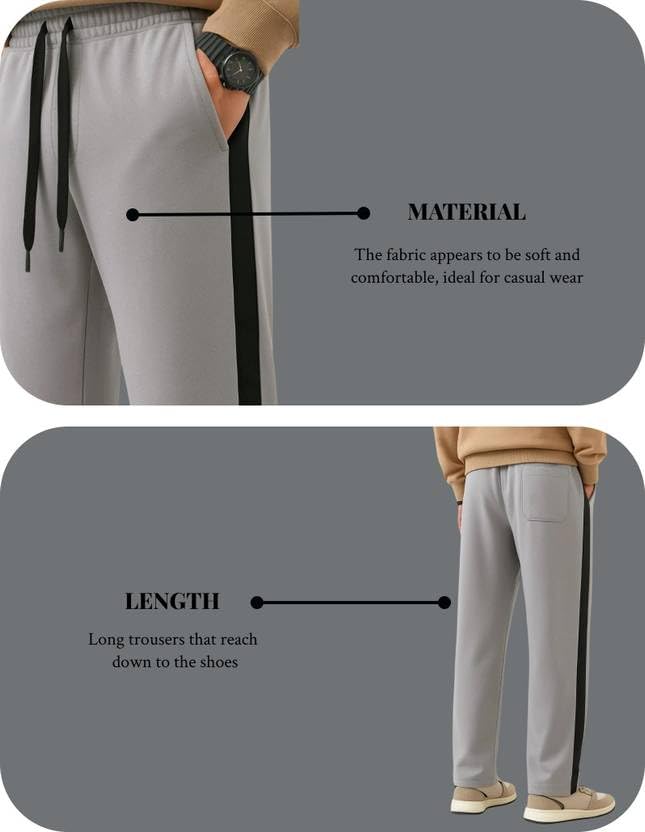 Image of Men's Cotton Blend Track Pants, Black with White Side Stripe, Drawstring Waist, Relaxed Fit Joggers