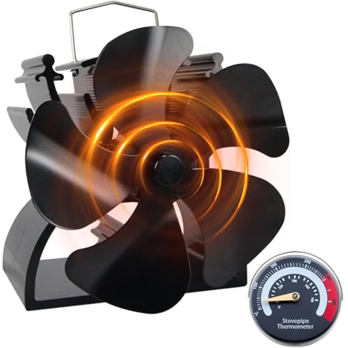 HAWCAFU 4.9inches/12.5cm Mini Stove Fan Log Burner Fan 5 Blades Small Woodburner Fan with Stove Thermometer Suitable for Small Space on Wood/Log Burner/Fireplace Top