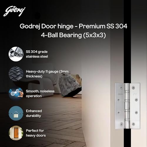 Image of Godrej Door Fittings I Door Butt Hinge 5X3X3 Inch - 4 Ball Bearing | Matte Satin Finish I Pack of 5 I Heavy Duty SS Kabza-8 Gauge Door Hardware| Premium Door Hinges for Wooden Doors | 1 Yr Warranty
