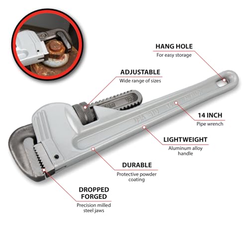 Image of Performance Tool W2114 14 in. Aluminum Pipe Wrench | Precision milled drop forged steel jaws. Strong and lightweight handle. Designed for plumbing