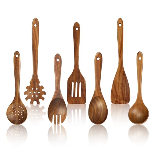 comfoyar Teak Kochlöffel Holz Set, 7 Stück Holzkochlöffel Set mit Spatel und Schöpfkelle, Holz Küchenutensilien, Hitzebeständige Holzutensilien zum Kochen für Antihaft Pfanne