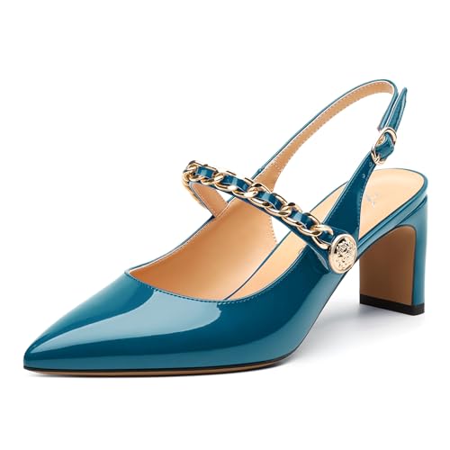 Women's Pumps, Slingback Pointed Toe Mid Chunky Heels, Patent Metal Chain Adjustable Strap Buckle Dress Shoes for Women 2.5 Inch