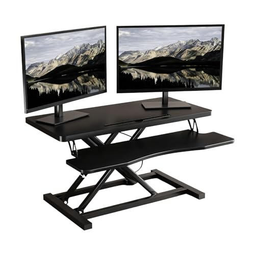 BJPQD スタンディングデスク 昇降デスク 作業台 standing desk 卓上 高さ調整 小さめ 無限昇降 高さ自由選択 二層収納 X字型ベース11?50cm 高密度ボード 強力な耐荷重 交互立ち ガススプリングアシスト 湾曲カーブ 丸い角 滑り止