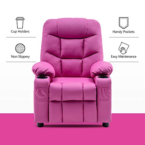 Mcombo Big Kids Recliner Chair With Cup Holders For Boys And Girls Room, 2 Side Pockets, 3+ Age Group, Faux Leather 7366 (Pink) #TOP1