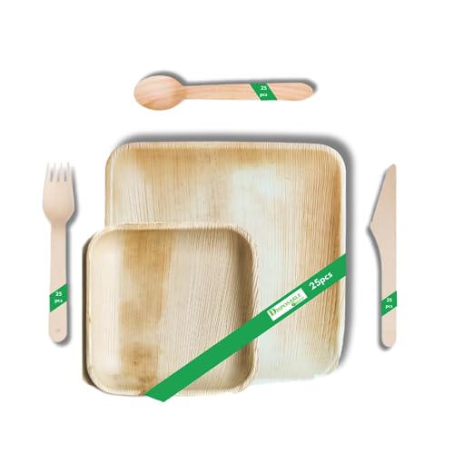 DISPOSABLE GREEN 125pcs Disposable Palm Leaf Plates and Cutlery Set, 25 Large Square Plates, 25 x Forks+Knives+Spoons, Eco Friendly Biodegradable (125 pcs (25pcs Each))