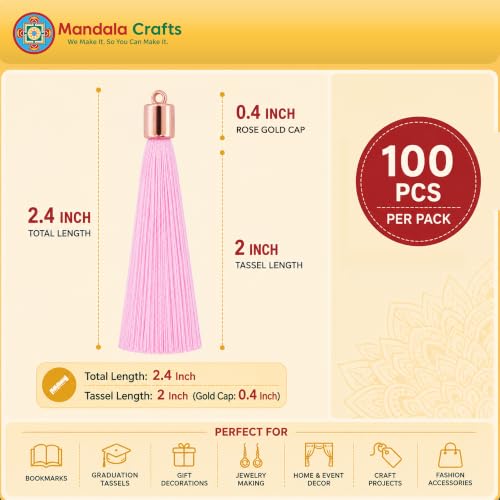 Image of Mandala Crafts Rose Gold Tone Cap Light Pink Bookmark Tassels with Loops | 100 PC, Machine Washable, Polyester, Mini, for Crafts Jewelry Making Graduation Decorations Keychains Gift Tags & Ornaments
