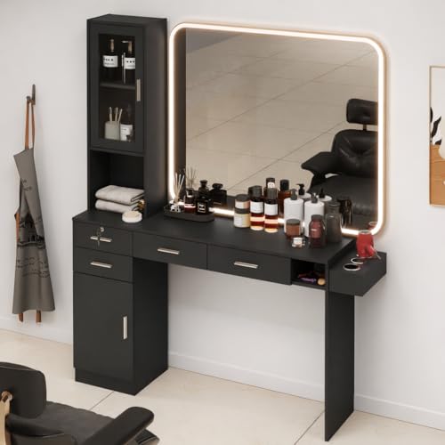 HolaiNail Salon Station for Hair Styling Wall Mount Barber Salon Cabinet with 3 Hair Dryer Holders Drawers & Shelves Beauty Spa Storage Equipment Salon Furniture Without Mirror Black