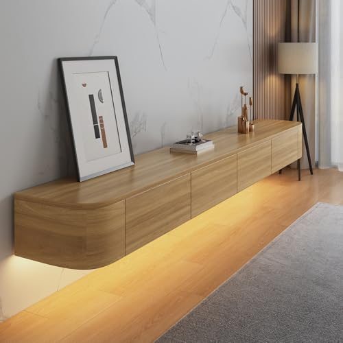 Image of Floating TV Stand Wall Mounted - Wall Entertainment Center with Flip-Down Doors & Drawers, Modern Hanging TV Shelf for Living Room, Media Console for 65 /75 80 Inch TVs (Wood - B, 55IN /140CM)