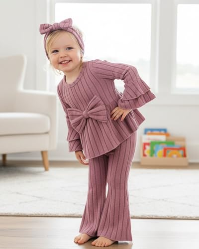 Image of SODLON Baby Girl Clothes Toddler Fall Winter Outfits Ruffle Long Sleeve Bow Top Flared Pants Set Bell Bottom Clothing 18M-5T