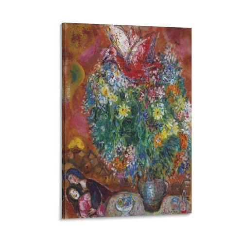 Tableau Marc Chagall Fleurs et Amoureux 50x75 cm en Impression sur Toile Haute Définition