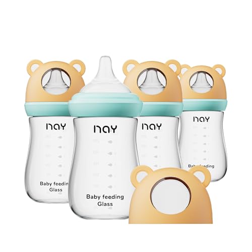 Image of yanyoyo Natural Glass Baby Bottle for Breastfeeding Babies, 8oz Anti-Colic Baby Bottle with Natural Response Nipple(M), Clear, Wide Neck, 4 Pack, 3 Months+