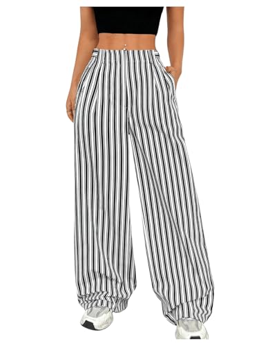 MakeMeChic Women's Striped Pants Wide Leg Elastic Waist Long Trousers with Pockets