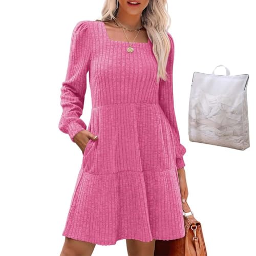Womens Square Neck Long Sleeve Fall Dresses Casual Babydoll Sweater Dress, Short Dresses with Pockets