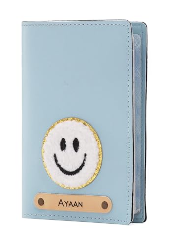 Image of AICA Personalised Name & Embroidery Patch Faux Leather Passport Holder for Men & Women | Passport Cover with 8 Card Slots | Baby Blue