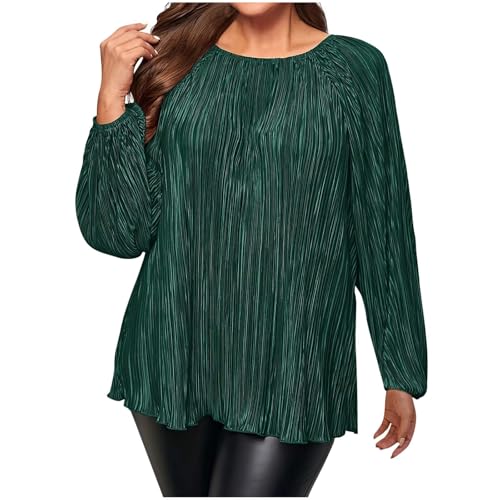 Women Oversize Tops Fashion Textured Casual Long Sleeve Shirts Plus Size Loose Crewneck Pleated Loose Comfy Daily Blouse Green XX-Large