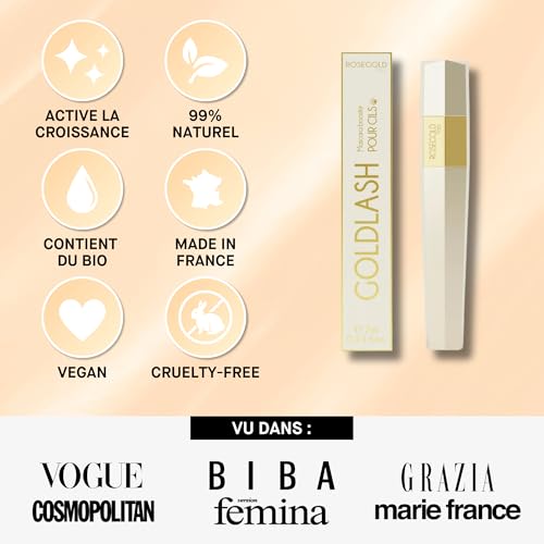ROSEGOLD GOLDLASH Mascara booster pour cils Épaissit Allongé. Améliore la croissance et la pousse des cils - 99% Naturel Fabriqué en France - Sans hormone Sans parfum - Vegan – Image 6