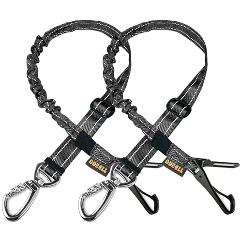 AUBELL Dog Seat Belt for Car,2 Pack Set 3-in-1 Adjustable Reflective Bungee Heavy Duty Dog Car Harness Tether with Clip Hook Latch & Buckle,Swivel Zinc Alloy Carabiner,Black+Black
