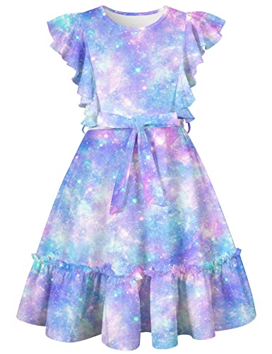 Funnycokid Girls Dress Galaxy Summer Clothes Size 8 9 Kids Ruffle Sleeve Outfits Flutter Hem Sundress with Belt 8-9 Years
