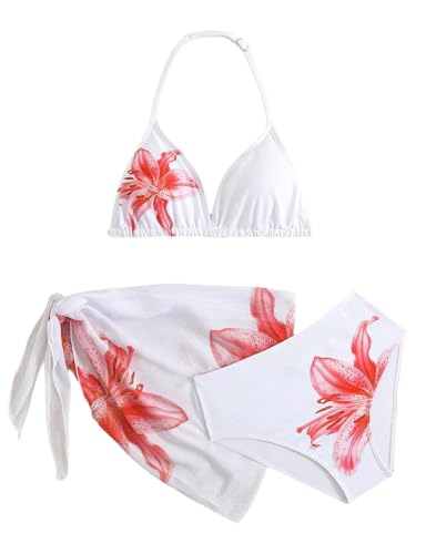 Sthxyfaith Girls Swimsuit Bikini Set Mid Waist Floral Print Bathing Suits for Girl 3 Piece with Mesh Coverups Skirt White 10 Years