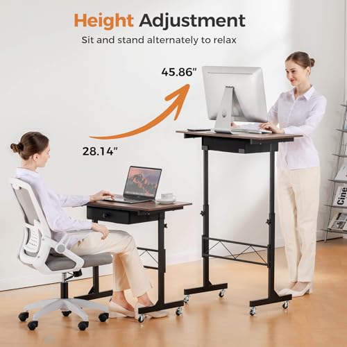Image of COMHOMA Standing Desk Adjustable Height & Tiltable Tabletop, Portable Stand Up Desk for Laptop, Mobile Folding Desk for Home Office Work and Walking Pad Treadmill, Height 30.7 inch-46.4 inch, Brown