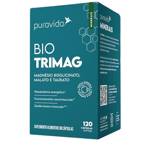 Bio Trimag 120 Cápsulas - Puravida - Magnésio Bisciglinato, Dimalato, Taurato