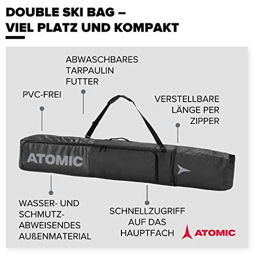 ATOMIC DOUBLE SKI BAG Schwarz - Skitasche für zwei Paar Ski & Stöcke - Längenverstellbare Tasche (175 - 205 cm) - Wasser- & schmutzabweisendes Material - Inkl. Tragegurt