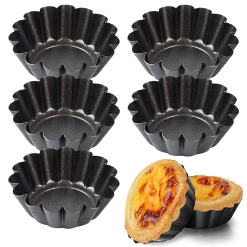 Molde de Tarta de Huevo, 5 Piezas Moldes Mini Tartaletas Acero Carbono, Antiadherentes Molde para Tartaletas, Redondo Molde para Quiche Tarta, DIY Herramienta Cocina, Negro, 7,5 x 2,3 cm