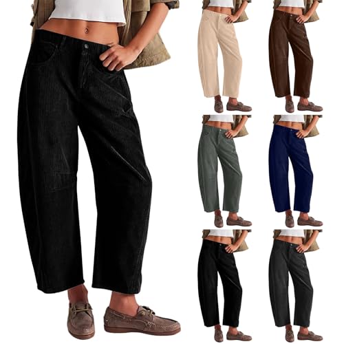 Wide Leg Corduroy Pants Women Mid Rise Cord Barrel Jeans Vintage Elastic Waist Pants Cropped Ankle Pants with Pockets