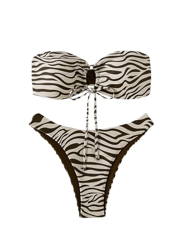 WDIRARA Women's Zebra Strapless Bandeau Bikini Set Ring Tie Knot Swimsuit 2 Piece Bathing Suit Apricot Large