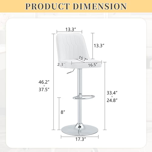 Image of Swivel Bar Stools Set of 2 - White Barstools with Back,Adjustable Counter Height Bar Stools with Sturdy Metal Legs,Leather Counter Height Stools Ideal for Kitchen Island Pub(25''-33''H)