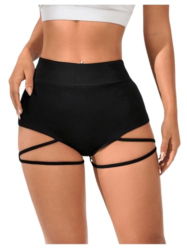 OYOANGLE Womens Ring Linked Cut Out High Waisted Biker Shorts Stretchy Rave Workout Athletic Gym Shorts Black Small